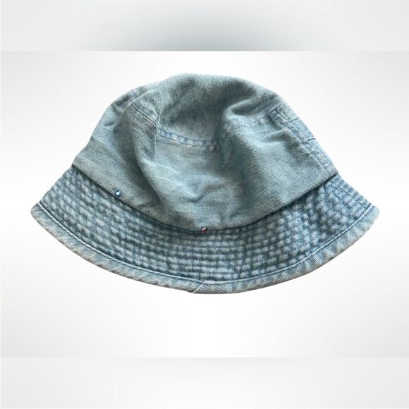 90s Vintage Kids Denim Bucket Hat Front Mini Velcro Pocket Flower Embroidery - Picture 9 of 9